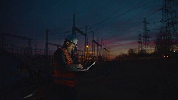 工业工程师在日落时分使用笔记本电脑对电站项目进行数据检查和分析