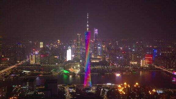 夜景照明广州市市中心名楼滨江湾航拍全景4k中国