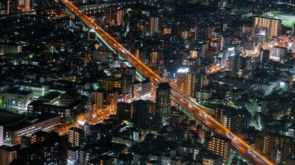 夜间大阪城市景观的时间间隔鸟瞰图