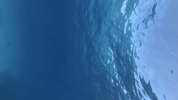 垂直视频:水下拍摄蓝色的水面与阳光自然背景与阳光闪烁在蓝色的水面蓝色的海水表面纹理反射太阳光