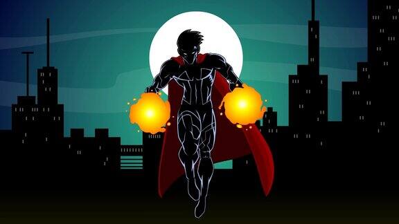 超级英雄漫画人物在城市飞行