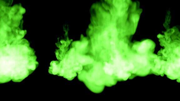 荧光亮绿色的水许多滴墨这是3d渲染镜头在墨色背景或墨色效果在合成与alpha通道使用光磨