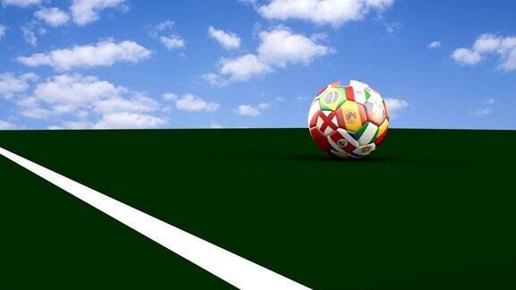 足球在世界杯的颜色参与者越过球门线3d渲染