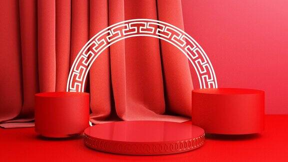 春节金色讲台红色抽象背景几何造型窗帘产品简约呈现3d动画循环