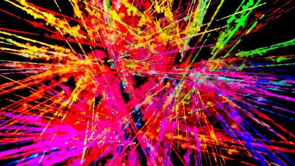 烟花般的油漆爆炸的彩色粉末孤立在黑色背景3d动画作为彩色的抽象背景彩虹颜色6