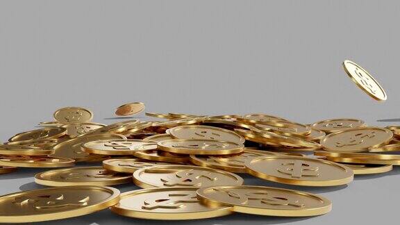 3d动画爆炸的金币与美元符号落在地板白色背景