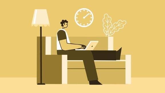 黄色风格的男人扁平的角色在家里的沙发上用笔记本电脑工作带有Alpha通道的孤立动画