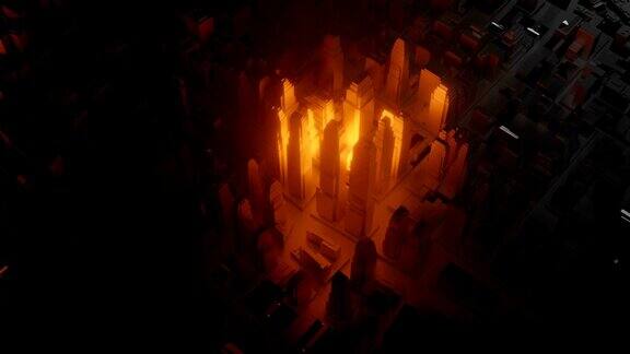 3d城市与明亮的红色闪烁在黑暗的背景3d演示视频