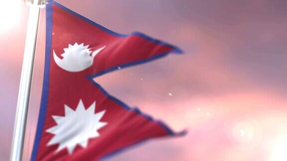 日落时尼泊尔国旗迎风缓缓飘扬绕圈