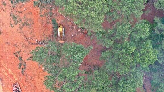 在森林砍伐期间用用过的推土机为建设准备土地