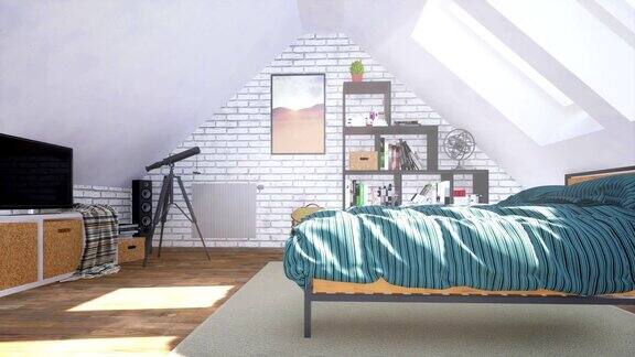 明亮的现代卧室内部在阁楼与双人床3D动画