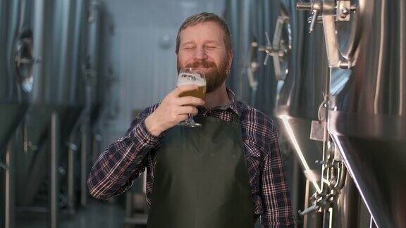 在精酿啤酒的生产室内一个蓄着胡须的成功商人用啤酒杯展示了新鲜酿造的啤酒的质量