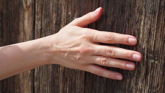女人的手缓慢地靠在旧木门上女性的手触摸粗糙的木头表面
