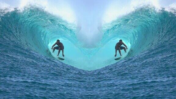 慢镜头:两个冲浪者骑在漂亮的管桶状波浪上形状像一颗心