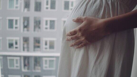 一个孕妇透过窗户看客厅