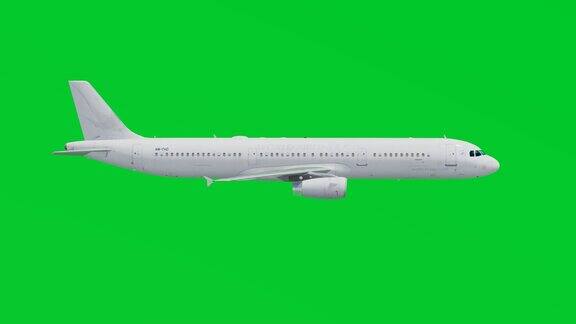 飞机飞行在绿色屏幕背景侧视图色度键孤立背景