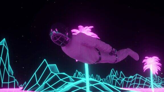 宇航员被闪烁的霓虹灯包围着音乐和夜总会概念复古80年代风格合成波背景