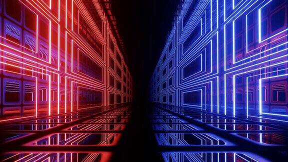高科技霓虹科幻隧道时髦的霓虹辉光线在镜面隧道中形成图案和构造飞越科技的网络空间辉光线形成科幻的图案3d环形无缝4kbg