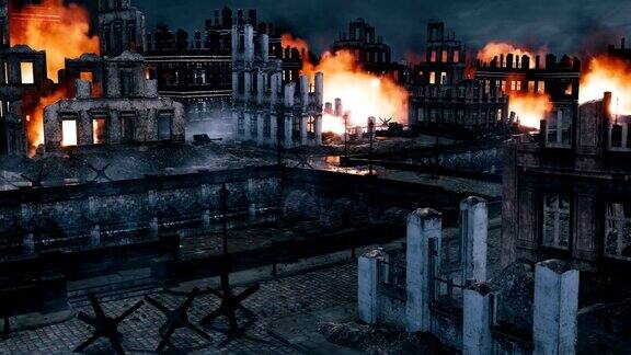 城市战场场景与建筑毁坏的建筑物在夜间
