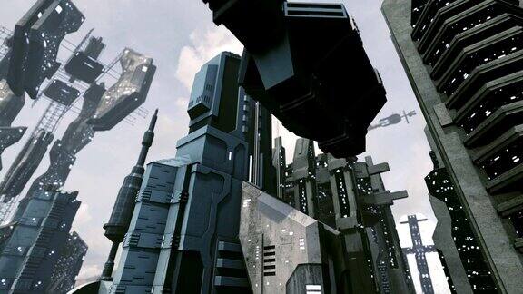 充满活力的未来主义科幻城市与飞船起飞三维渲染