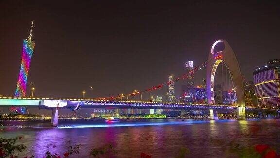 夜间照明广州市市中心交通河流大桥海岸线时间推移全景4k中国