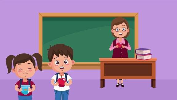 女教师角色动画与学生孩子在教室里
