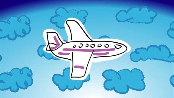 卡通大飞机在天空中飞在云中白色的带有粉色条纹的空中客车移动:云飞机风格:儿童写意画2D平面明亮动画循环录像