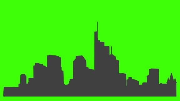 法兰克福城市图标的剪影突然出现在绿色屏幕上