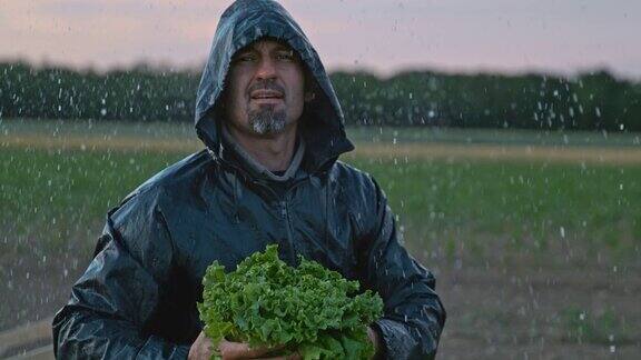 一个农民在雨中收获生菜的肖像