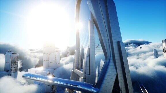 云中的未来科幻城市乌托邦未来客运飞行空中的观点现实的4k的动画