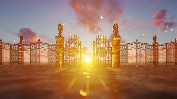 金色的天堂之门在神奇的夕阳下打开白鸽在飞翔4K_1