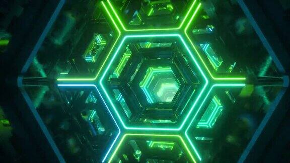 穿越无尽的未来科幻隧道发光的氖发光六边形跳跃到另一个星系抽象创意数字背景现代彩色照明无缝循环