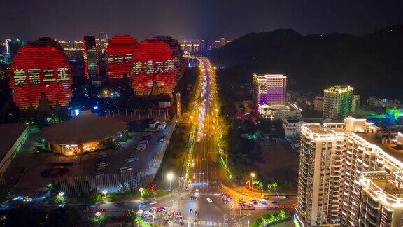 夜景三亚交通大街著名酒店航拍延时4k中国