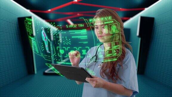 亚洲女护士使用未来的触屏平板电脑