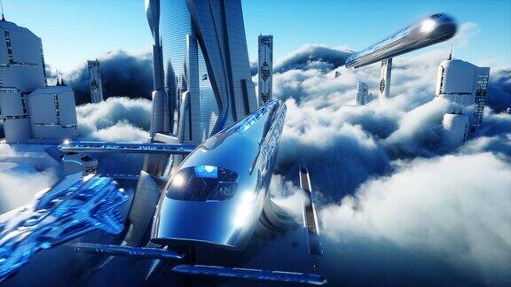 飞行客运列车云中的未来科幻城市乌托邦未来空中的观点现实的4k的动画