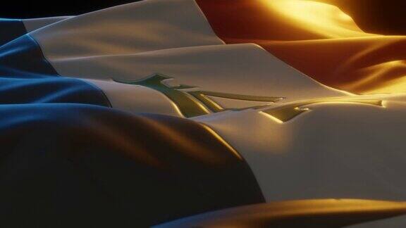 伊拉克国旗近距离从低角度与温暖的环境照明3D渲染