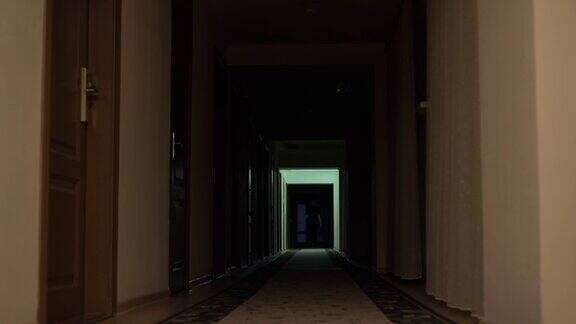 一个女人在黑暗的酒店走廊里走了天花板灯闪烁悬疑神秘的酒店大门、大厅、隧道奇怪的女人