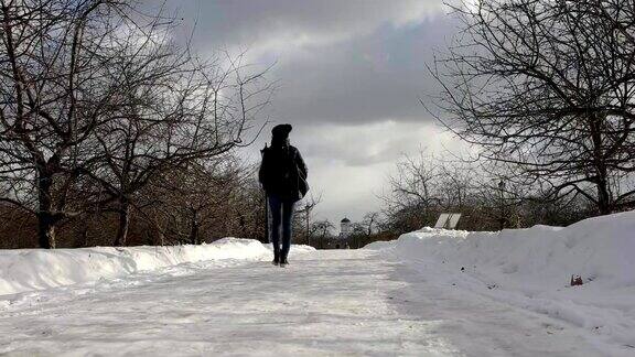 一个漂亮的女孩冬天在公园散步