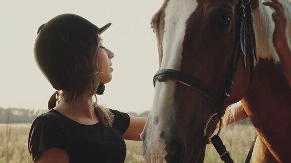 十几岁的女孩准备骑马给马套上笼头