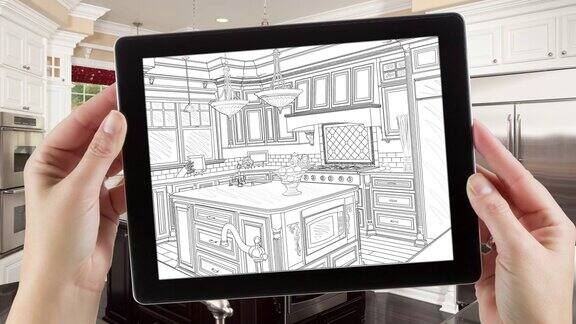 4k循环Cinemagraph的电脑平板与厨房设计绘图过渡到照片