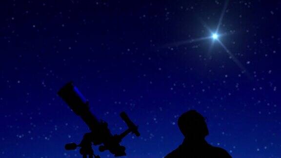 人类用天文望远镜观察夜空、恒星、行星和流星