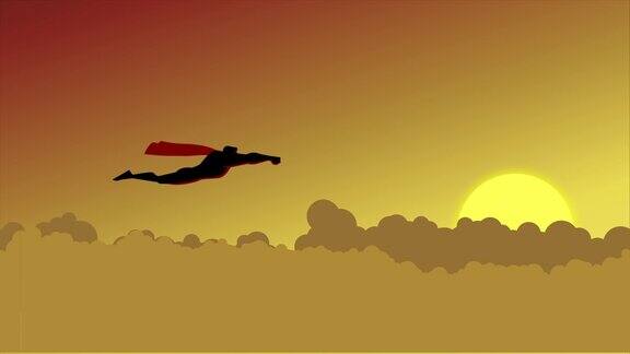 可循环的超级英雄飞行在云端剪影动画