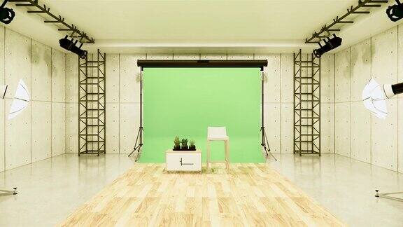 工作室-现代电影工作室与白色屏幕3D渲染