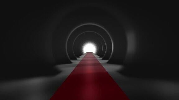 穿过黑暗的隧道抽象的3D动画在慢动作照明走廊室内设计飞船科学技术科学建筑工业红地毯闪亮室内车站干净想象