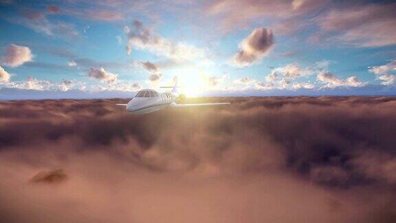日落时塞斯纳在云层上空飞行