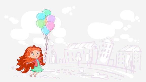 一个红头发的女孩在热气球上飞行