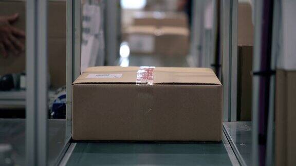 包裹在纸箱中沿着仓库的包装线移动包裹独自在传送带上移动自动化的在线航运物流