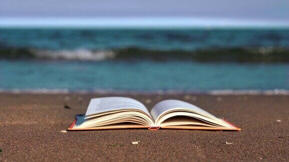 纸书的书页被微风拂过放在潮湿的沙子上