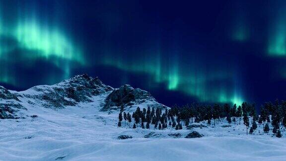 北极光照亮夜空的北极景观