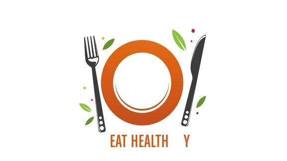 吃健康的文字-盘子刀叉和绿叶动画
